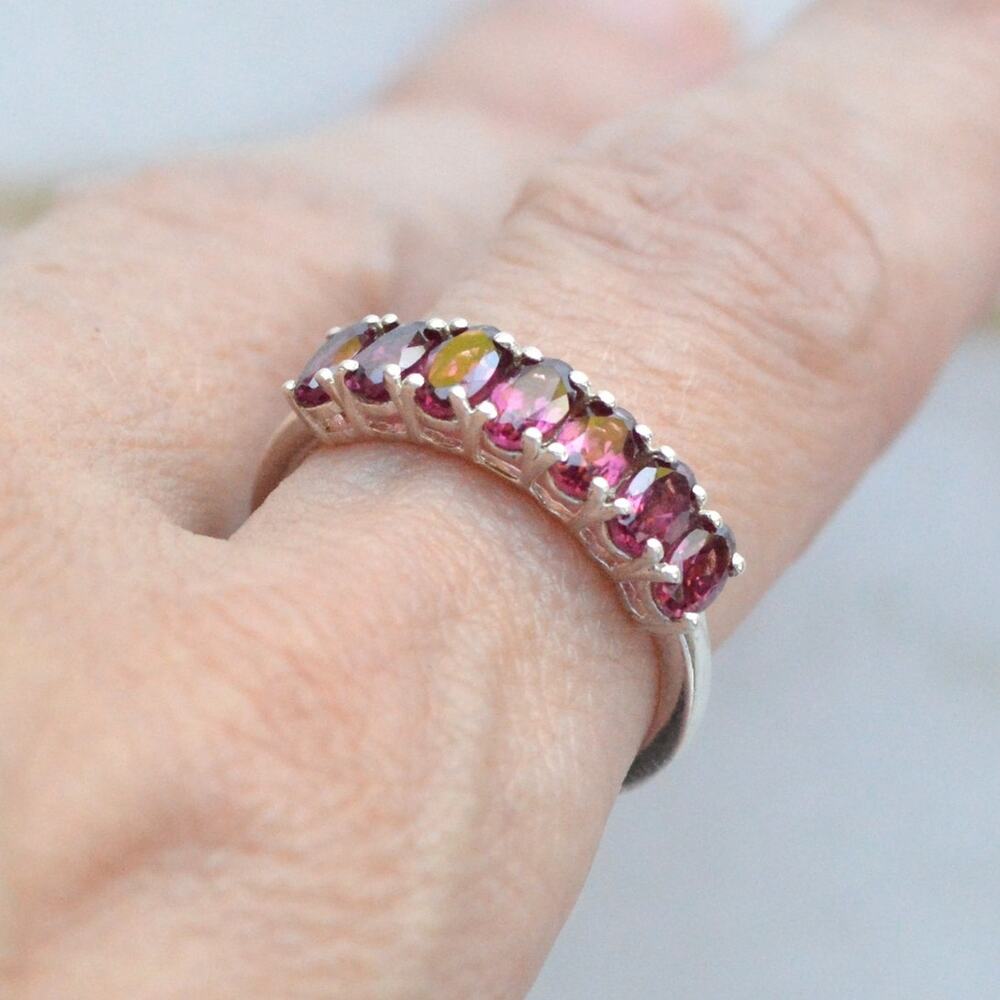 Sterling Silver Natural Garnet Ring Oval Cut Half Eternity Size 8